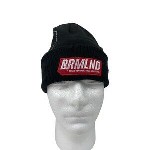 Dreamland Black Knit Beanie With Red Embroidered DRMLND Patch & White.